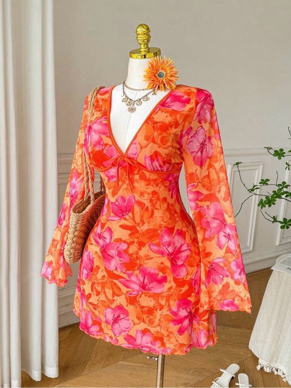 Orange and pink floral long sleeve dress 3X